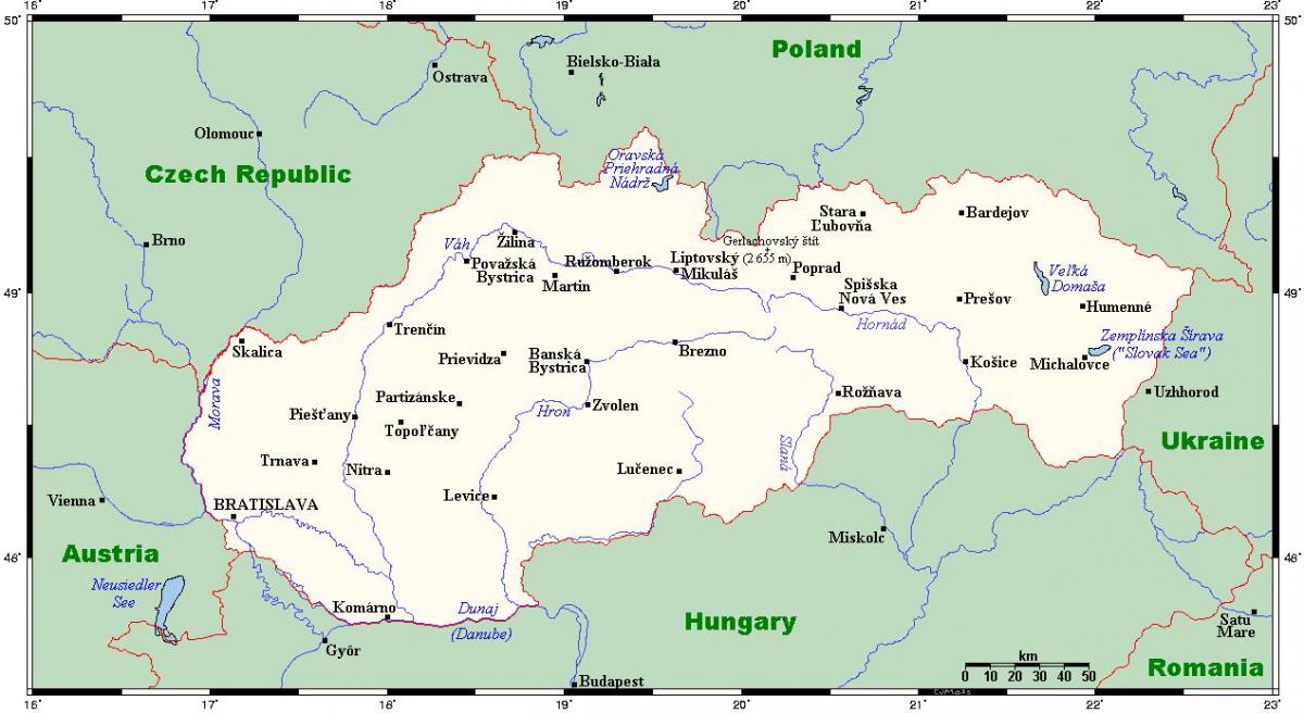карта на Словакия с градовете